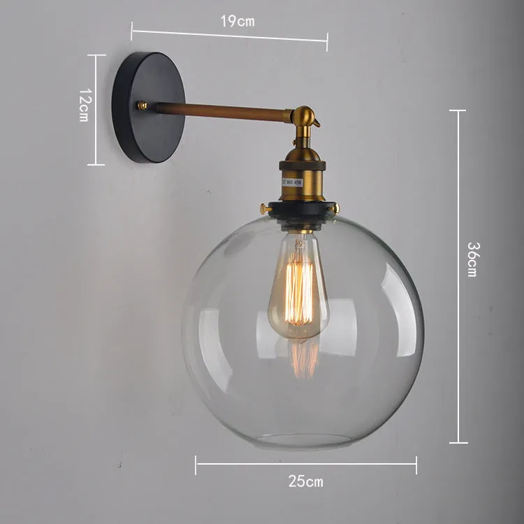 Round retro glass ball wall lamp in amber colour, 20cm diameter, with aluminium holder.