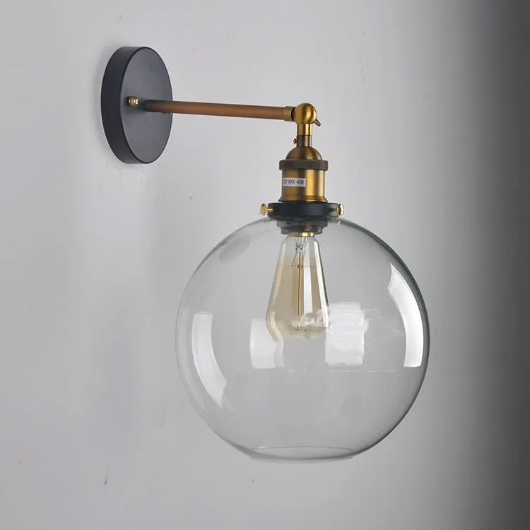 Round retro glass ball wall lamp in amber colour, 20cm diameter, with aluminium holder.