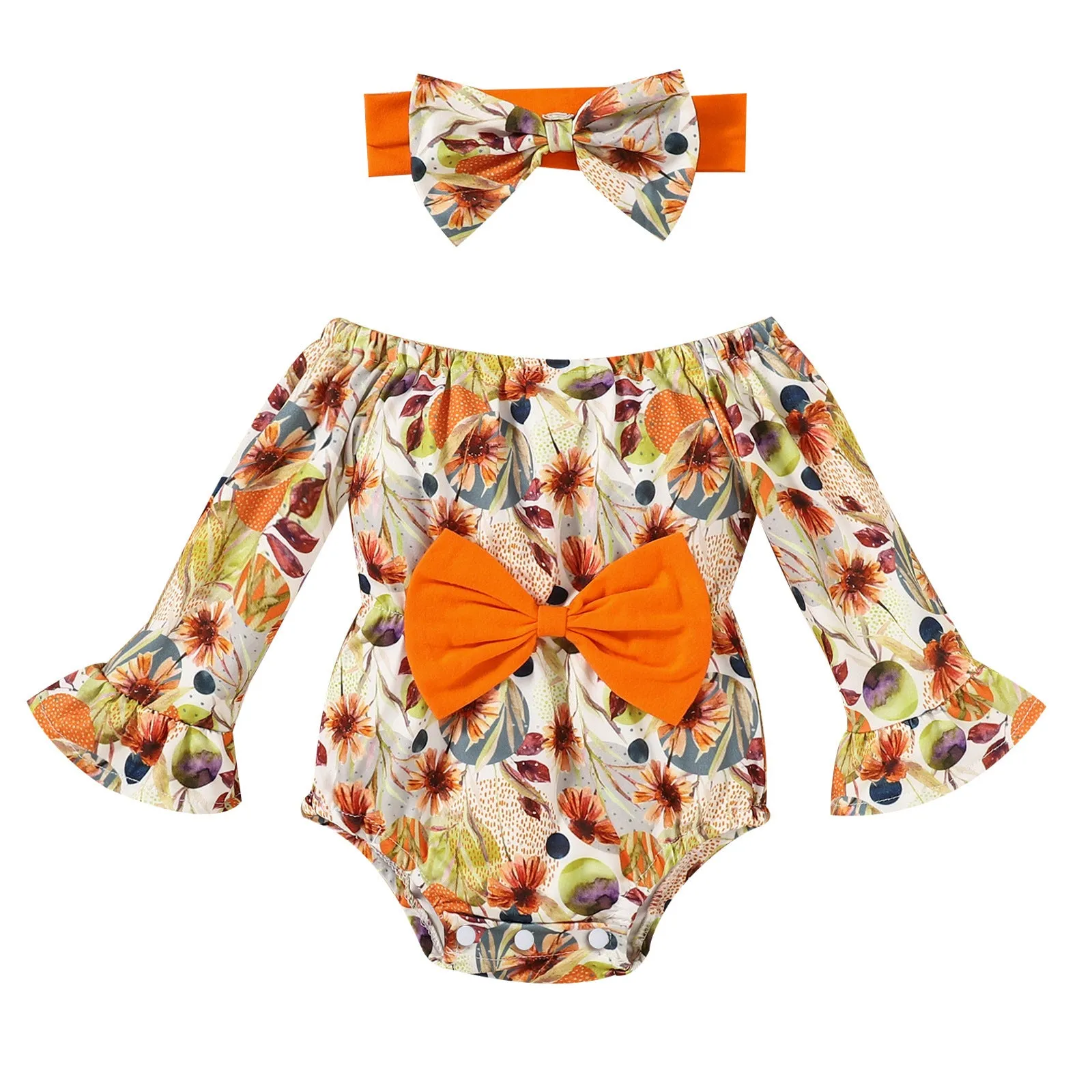 Baby wearing a floral flare sleeve romper band set with matching headband on a neutral background