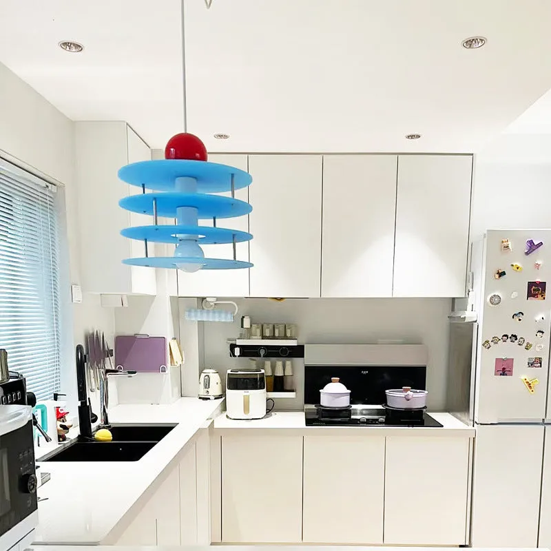 Personalised macaron restaurant chandelier in frosted blue hanging from ceiling