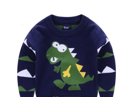 Red boys 100% cotton pullover sweater with wild dinosaur cartoon print, enzyme wash, size 110cm