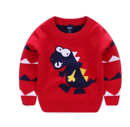 Red boys 100% cotton pullover sweater with wild dinosaur cartoon print, enzyme wash, size 110cm