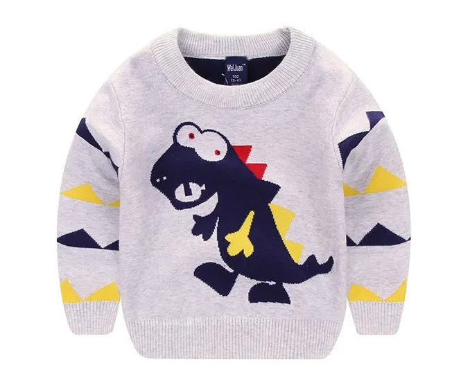 Red boys 100% cotton pullover sweater with wild dinosaur cartoon print, enzyme wash, size 110cm