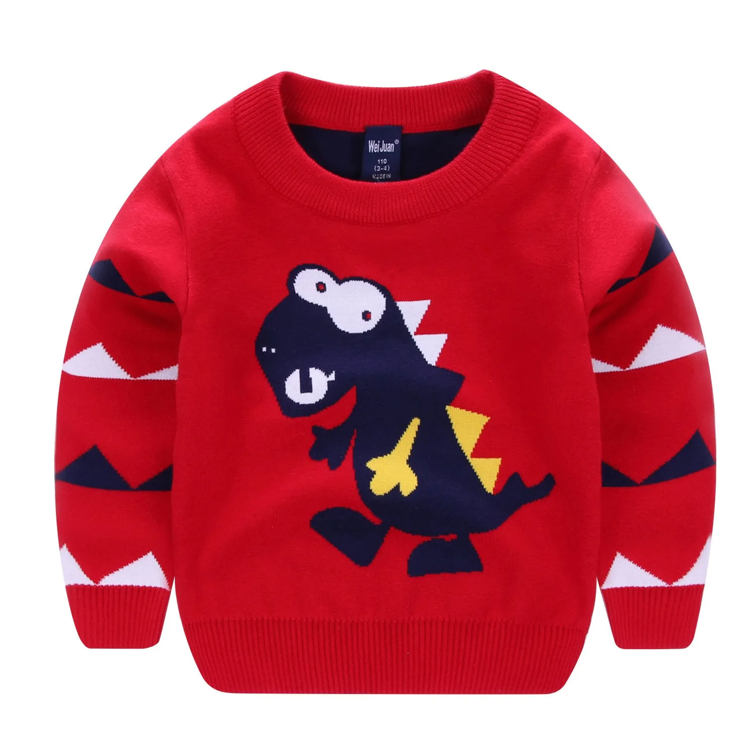 Red boys 100% cotton pullover sweater with wild dinosaur cartoon print, enzyme wash, size 110cm