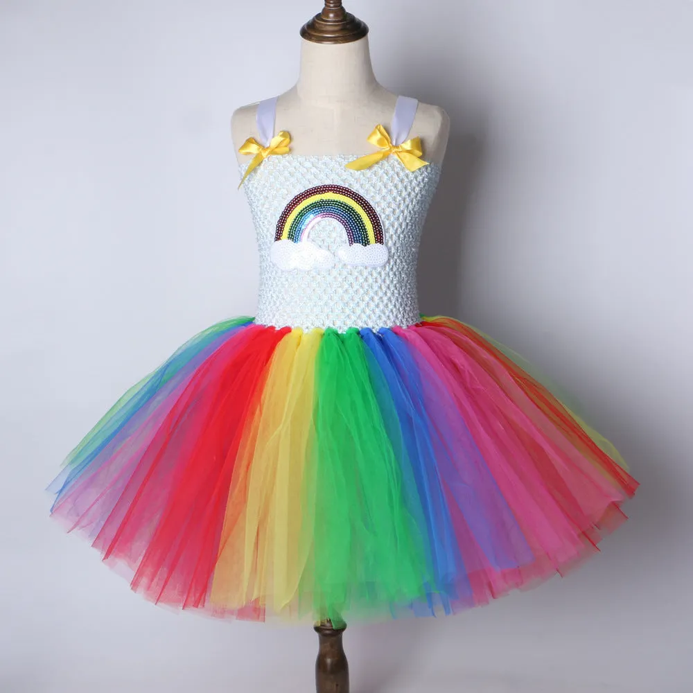 Children's net yarn rainbow show princess dress in sling style with rainbow colour matching, made from nylon and polyester lining.