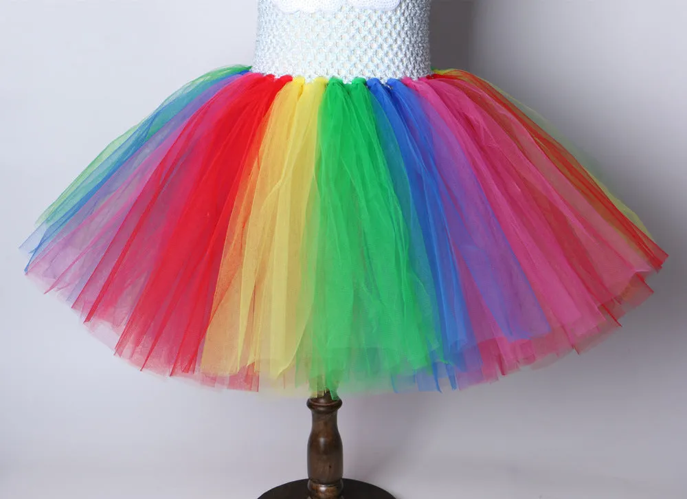 Children's net yarn rainbow show princess dress in sling style with rainbow colour matching, made from nylon and polyester lining.