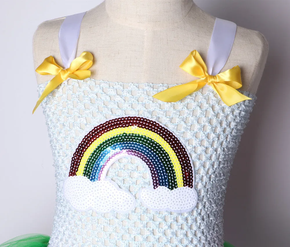 Children's net yarn rainbow show princess dress in sling style with rainbow colour matching, made from nylon and polyester lining.