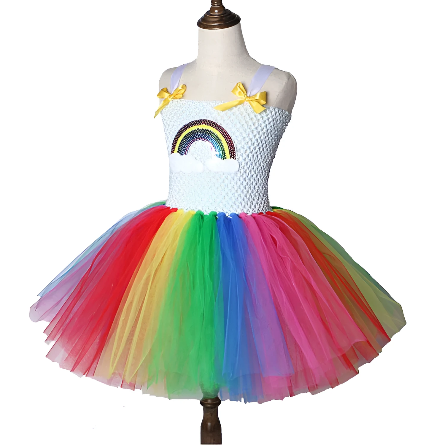Children's net yarn rainbow show princess dress in sling style with rainbow colour matching, made from nylon and polyester lining.