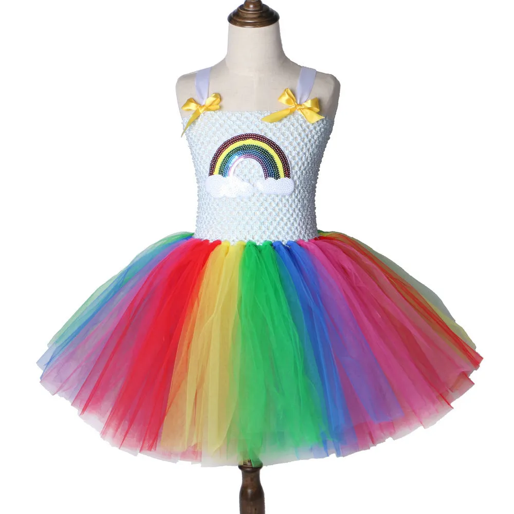 Children's net yarn rainbow show princess dress in sling style with rainbow colour matching, made from nylon and polyester lining.