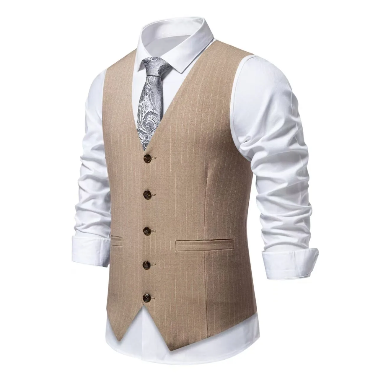 Men's striped business suit vest with non-ironing polyester fabric in black, khaki or red patterns