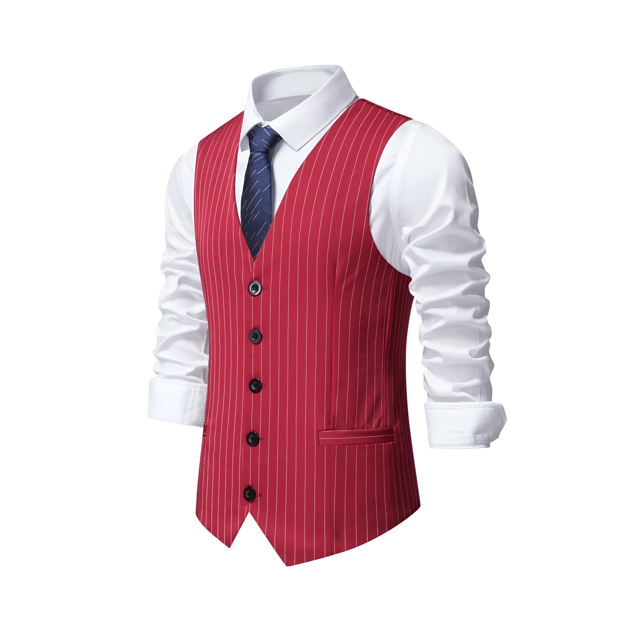 Men's striped business suit vest with non-ironing polyester fabric in black, khaki or red patterns
