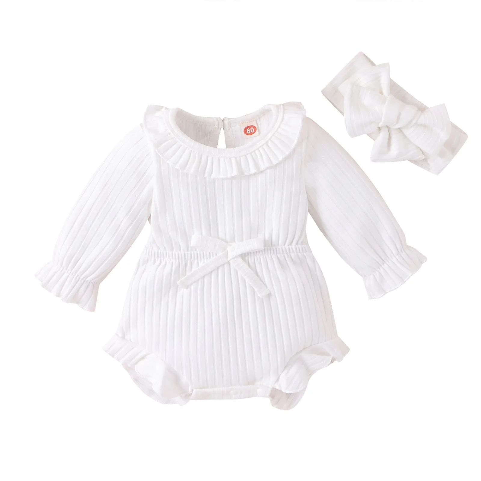 Baby girl long sleeve striped cotton romper with headscarf in white, pink, and brown options