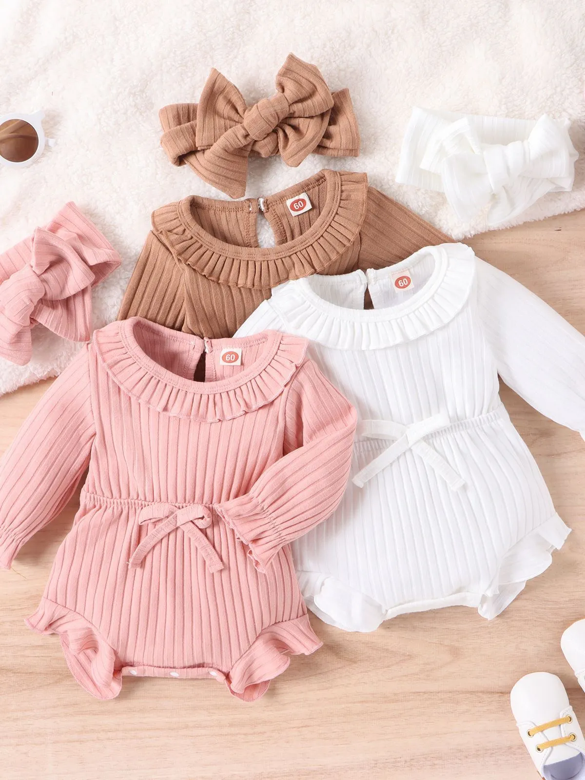 Baby girl long sleeve striped cotton romper with headscarf in white, pink, and brown options