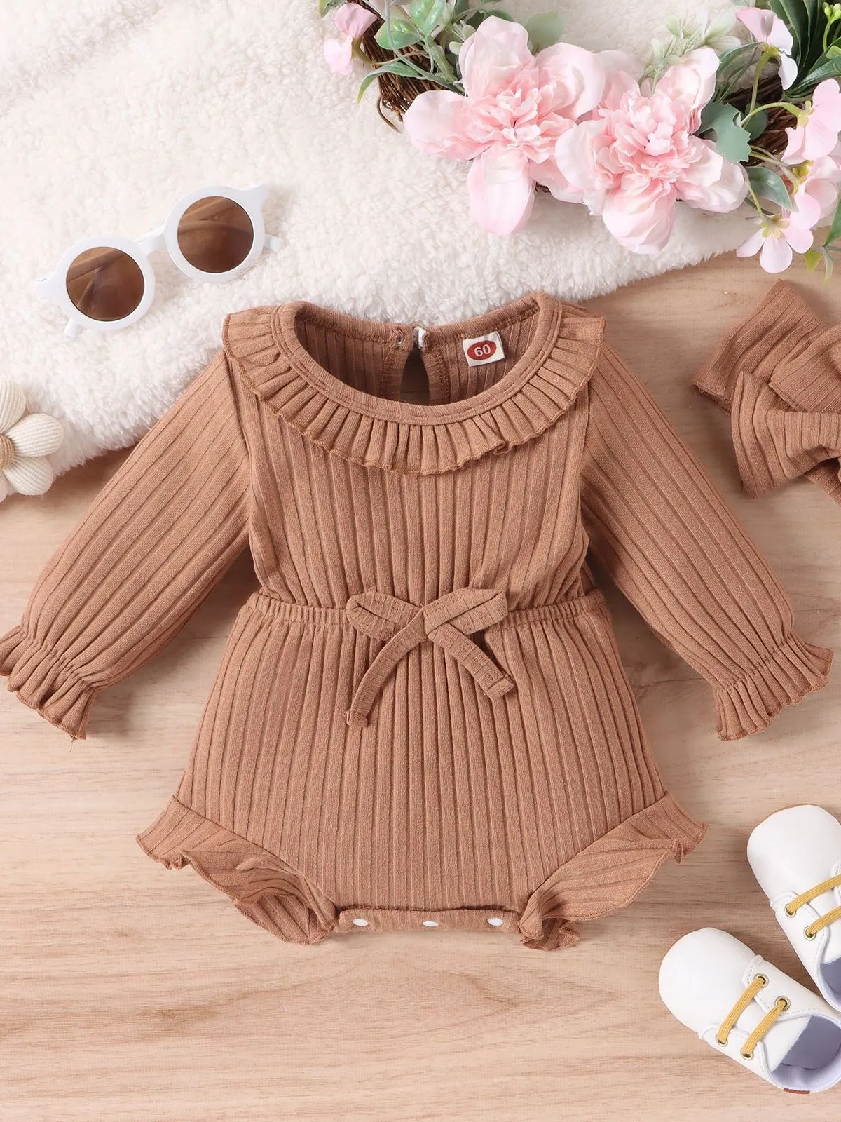Baby girl long sleeve striped cotton romper with headscarf in white, pink, and brown options