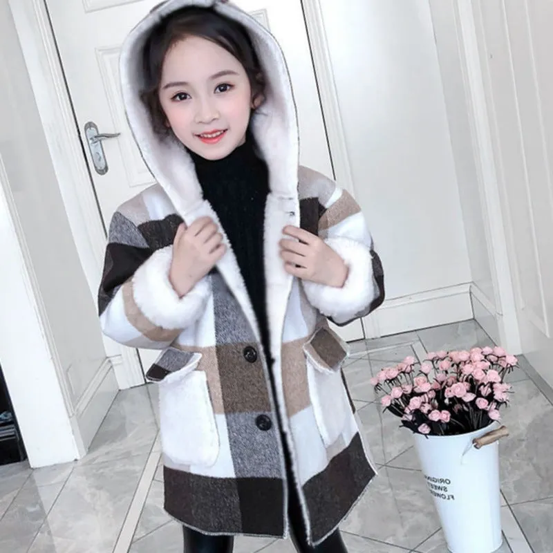 Children's striped thick woolen overcoat for girls, academy style, blue colour, long length sleeveless design