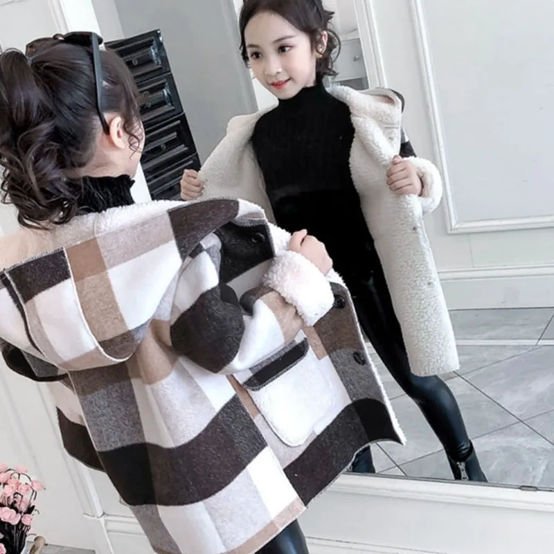 Children's striped thick woolen overcoat for girls, academy style, blue colour, long length sleeveless design