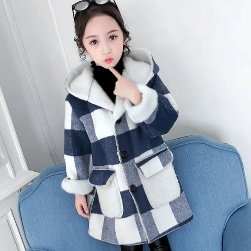 Children's striped thick woolen overcoat for girls, academy style, blue colour, long length sleeveless design