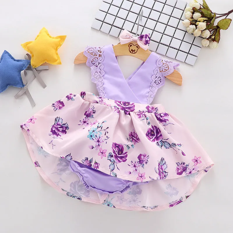 Girls summer princess dress in Korean style, sleeveless, cotton fabric with flower print, available in violet for toddlers 70-100cm height