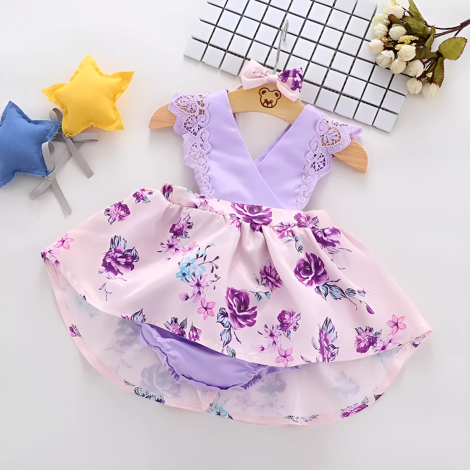 Girls summer princess dress in Korean style, sleeveless, cotton fabric with flower print, available in violet for toddlers 70-100cm height