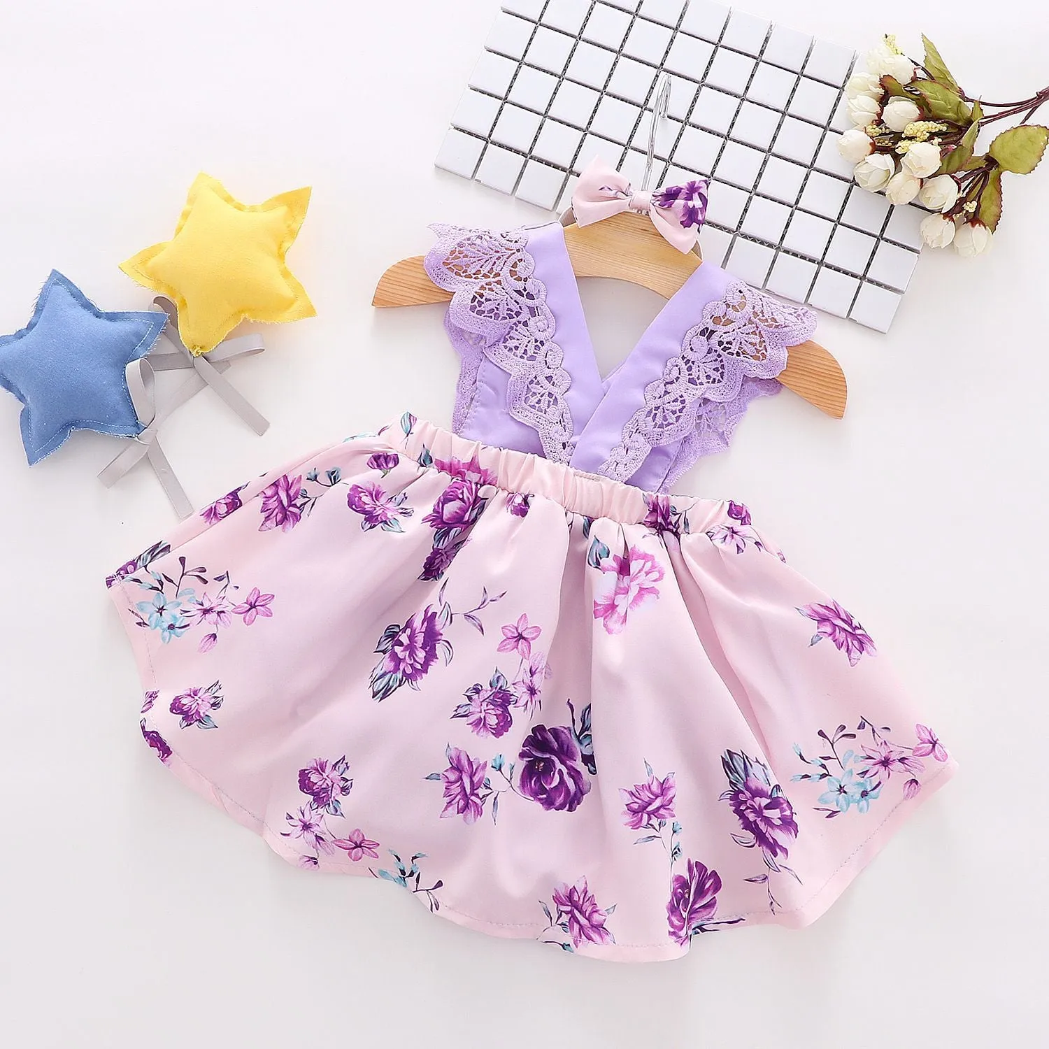 Girls summer princess dress in Korean style, sleeveless, cotton fabric with flower print, available in violet for toddlers 70-100cm height