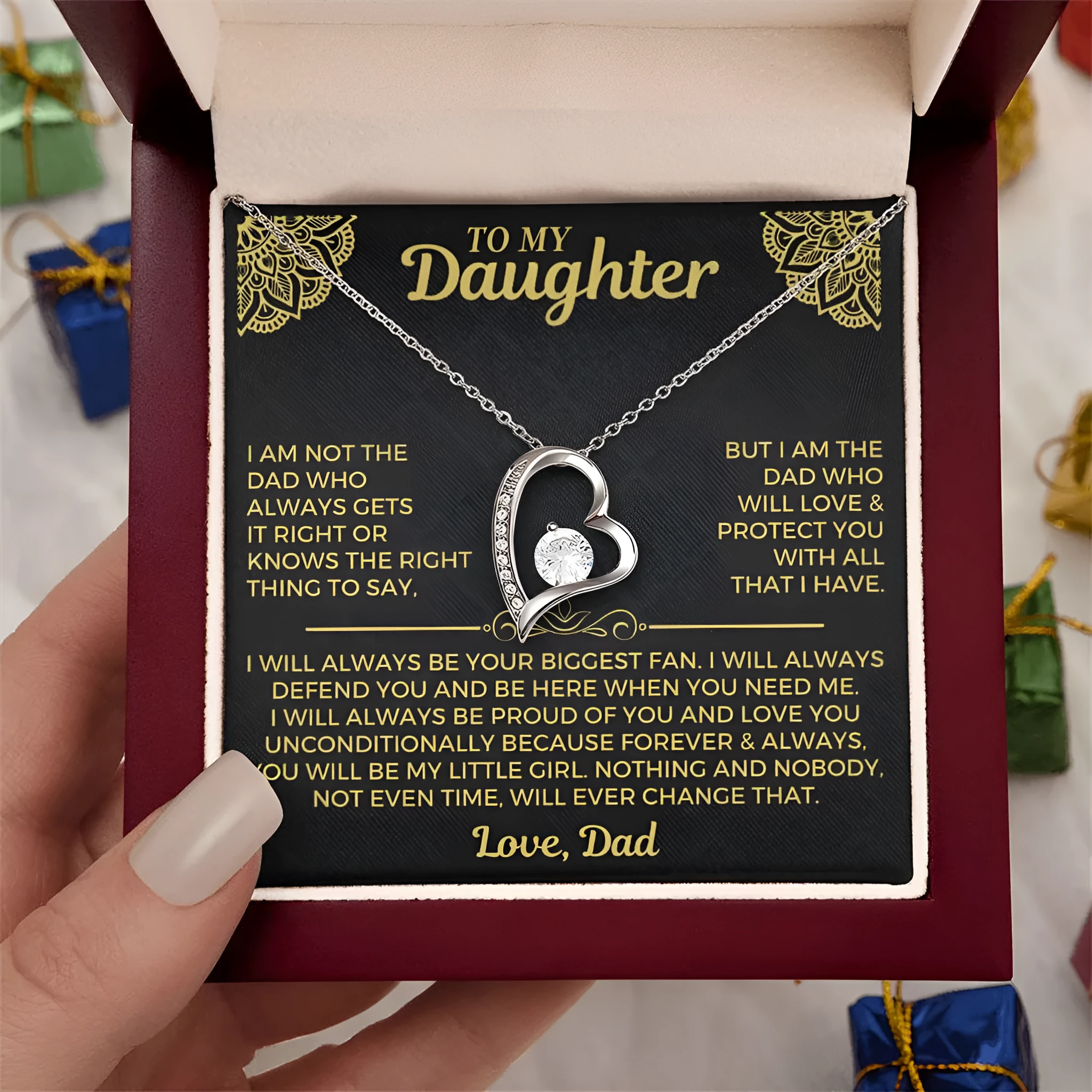Hollow heart pendant necklace in silver or gold tone with gift box and card
