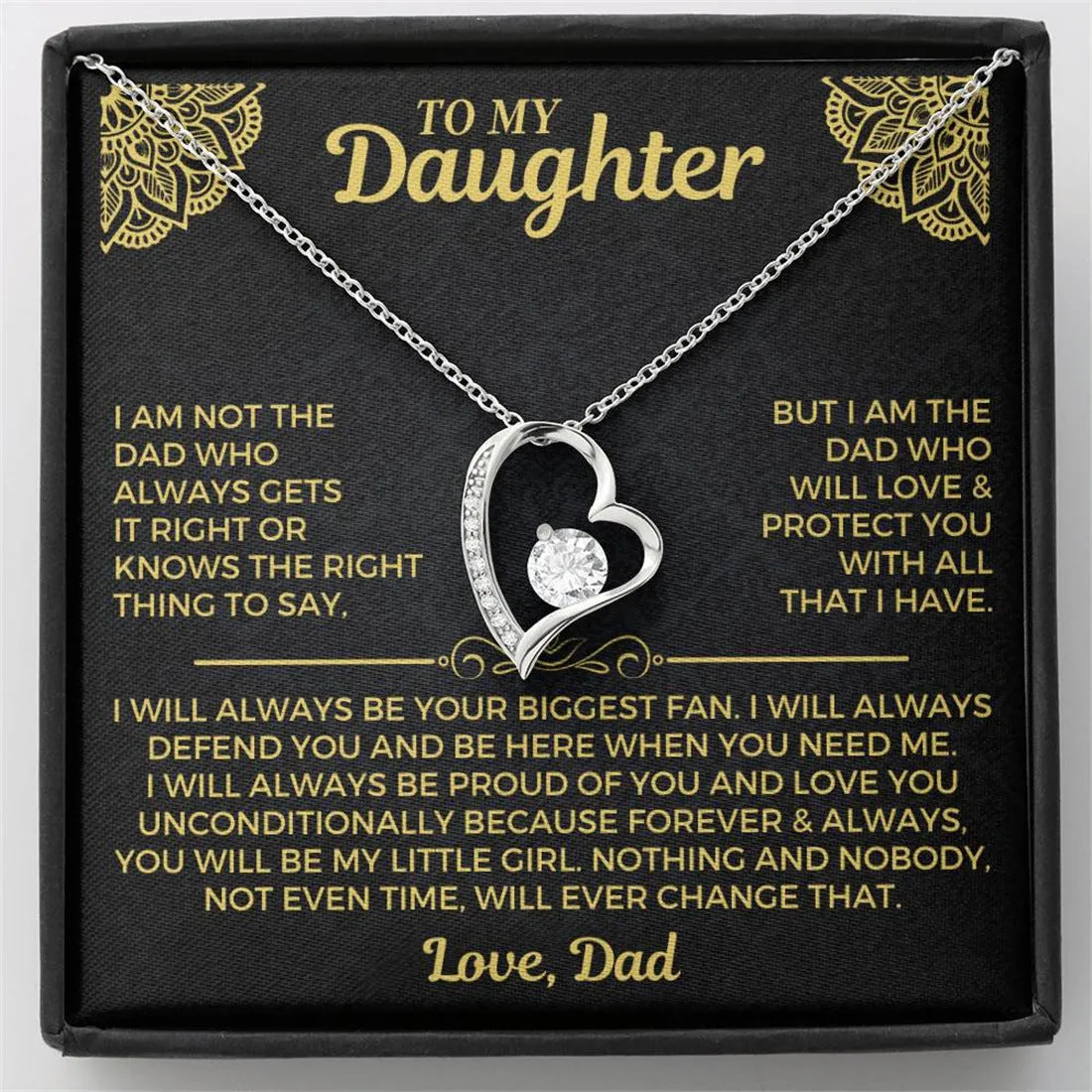 Hollow heart pendant necklace in silver or gold tone with gift box and card