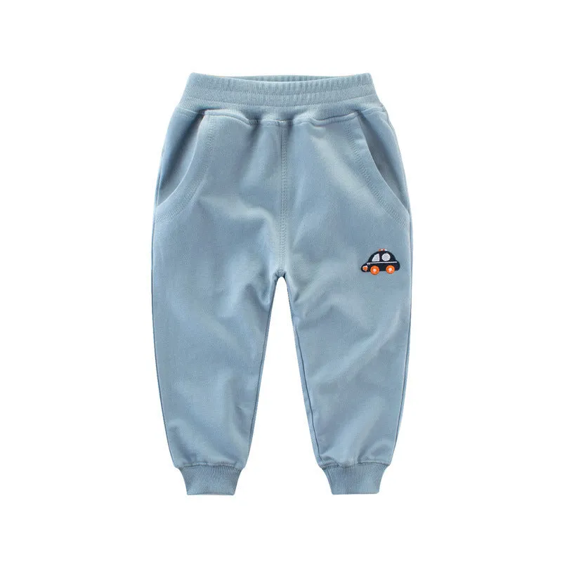 Children's Korean-style sweatpants in blue with cartoon pattern, soft fabric, for boys aged 3-8 years