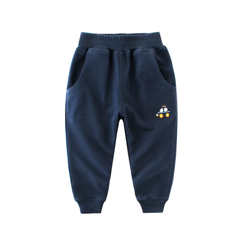 Children's Korean-style sweatpants in blue with cartoon pattern, soft fabric, for boys aged 3-8 years