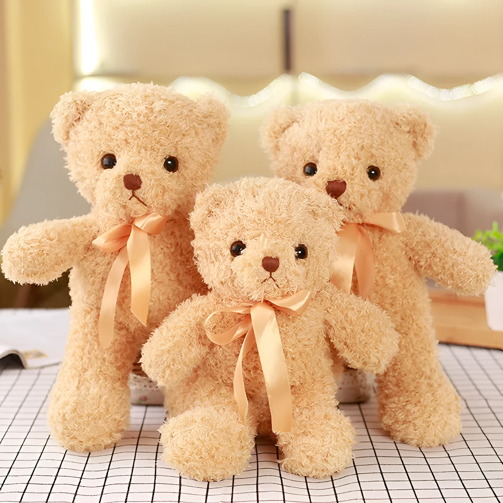 Yellow plush bear toy 30cm tall, made of soft fabric with PP cotton filling, standing upright on a plain background