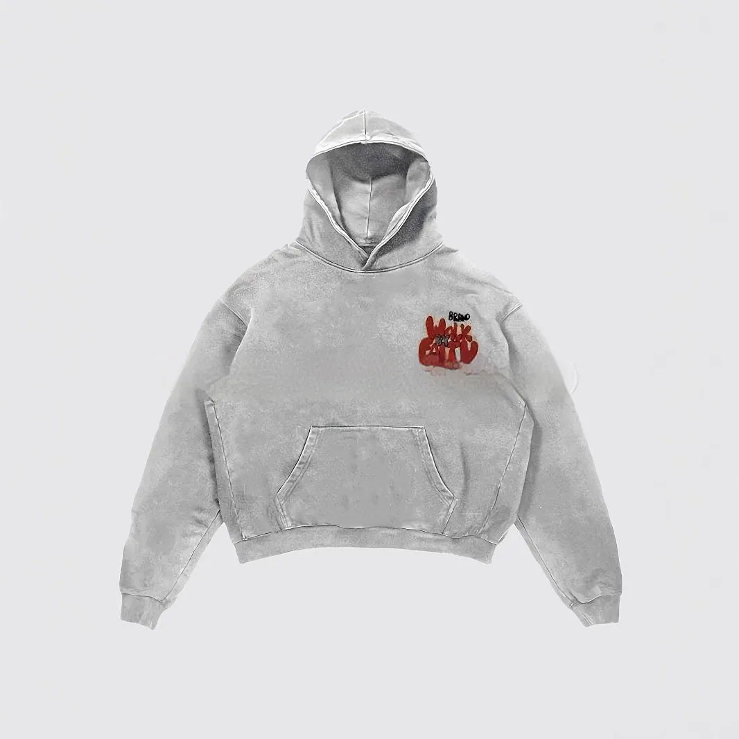 Granny grey women's hoodie with character print design and pocket