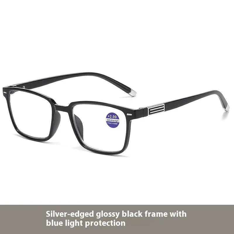 Multifocal reading glasses with anti-blue light and colour changing lenses in black frame with silver accents