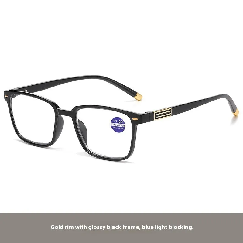 Multifocal reading glasses with anti-blue light and colour changing lenses in black frame with silver accents