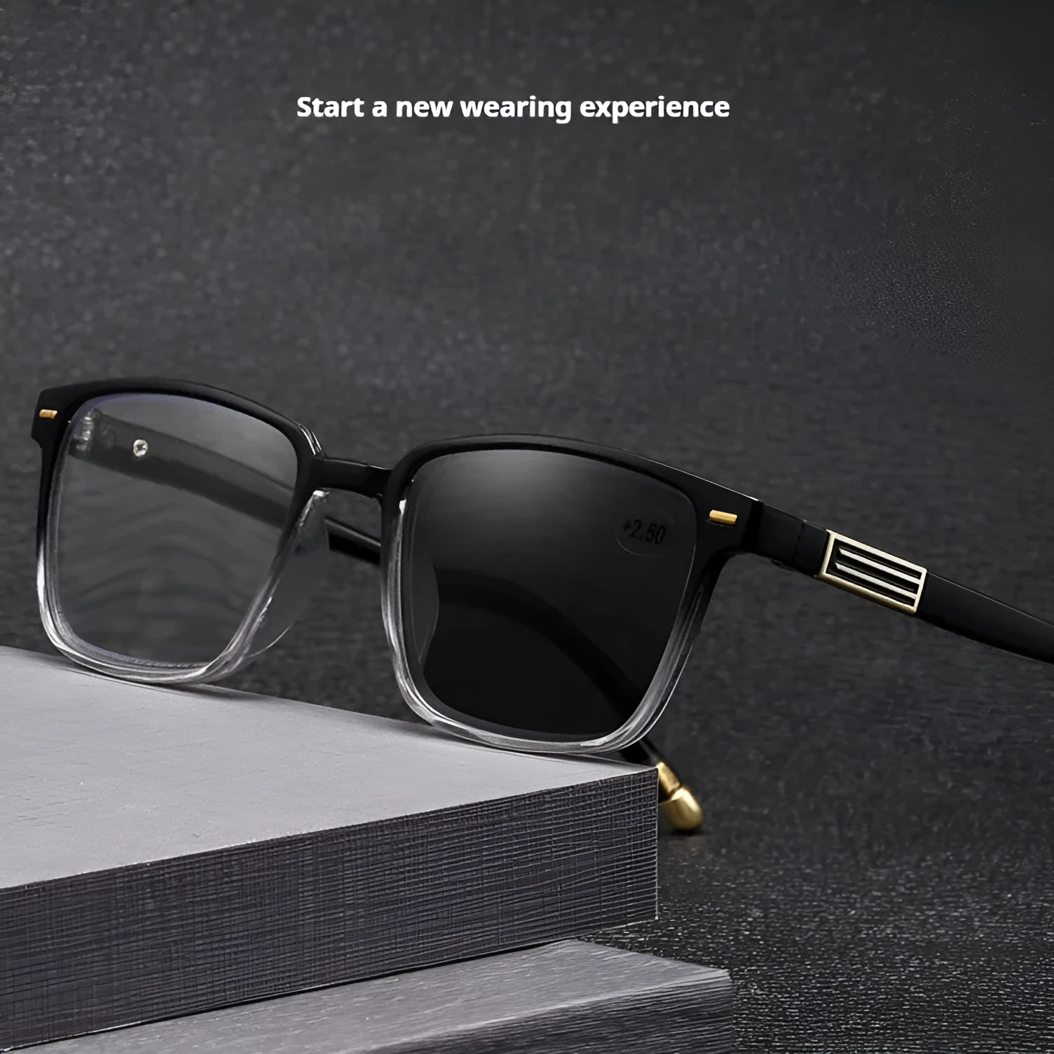 Multifocal reading glasses with anti-blue light and colour changing lenses in black frame with silver accents