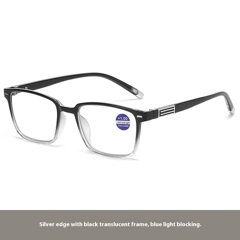 Multifocal reading glasses with anti-blue light and colour changing lenses in black frame with silver accents