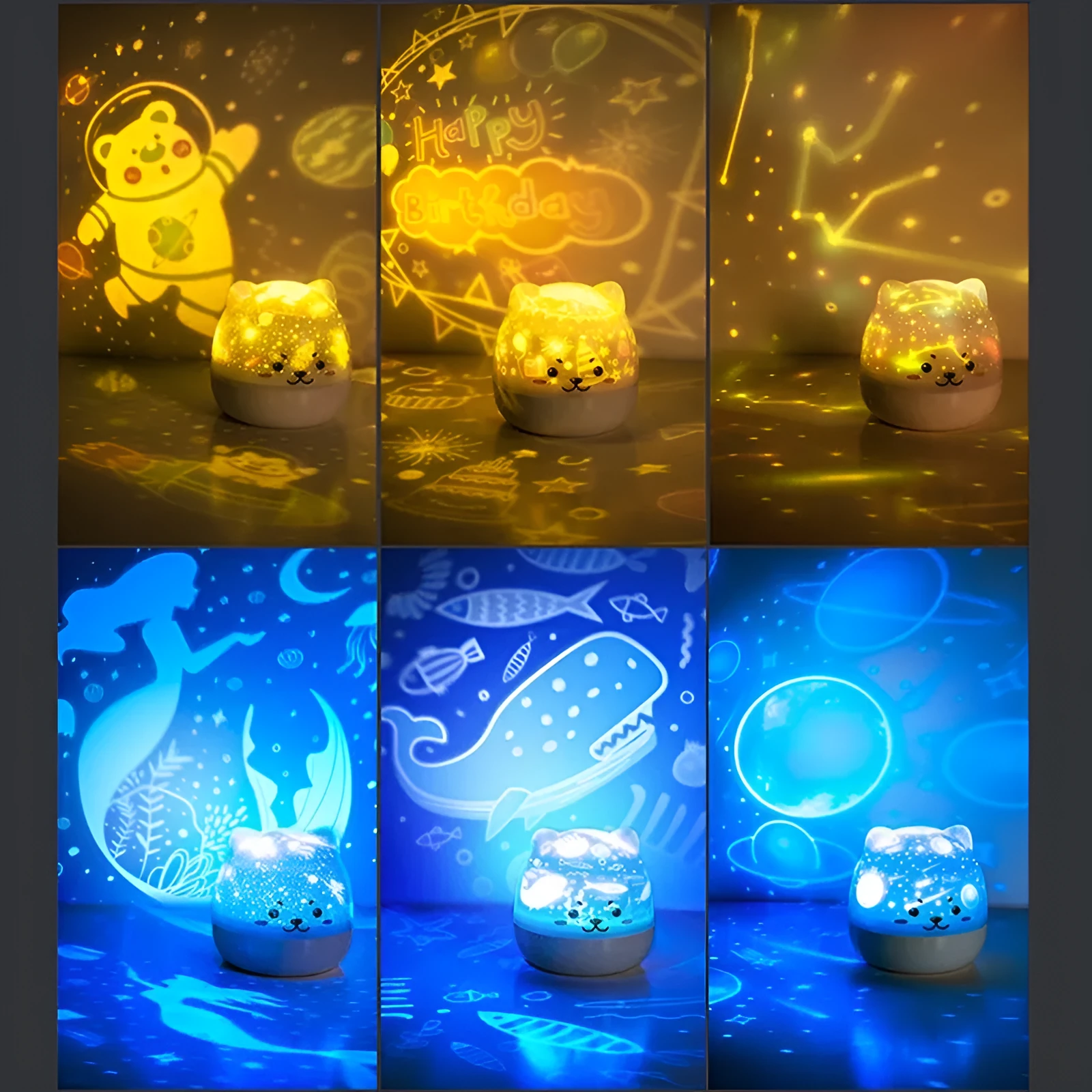 Rotatable star projector night light with music, USB charging, plastic lampshade, astronaut bear slide