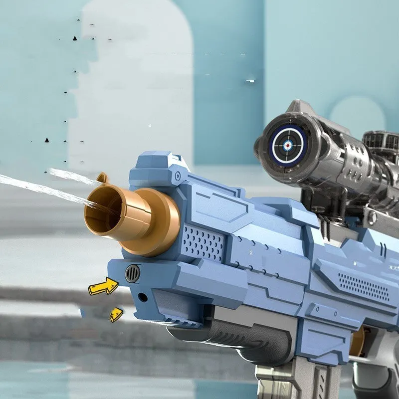 Electric water gun in ocean blue with continuous firing function and plastic body for outdoor use
