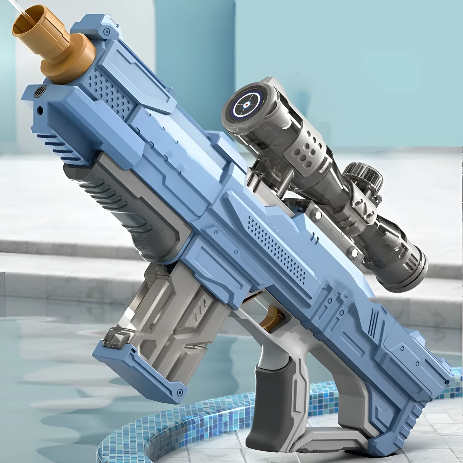 Electric water gun in ocean blue with continuous firing function and plastic body for outdoor use