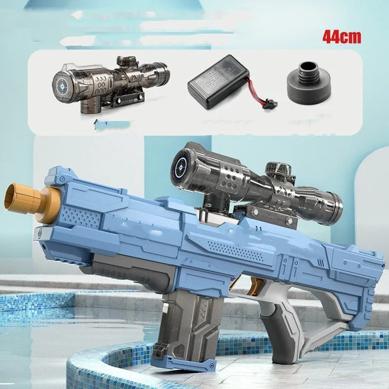 Electric water gun in ocean blue with continuous firing function and plastic body for outdoor use