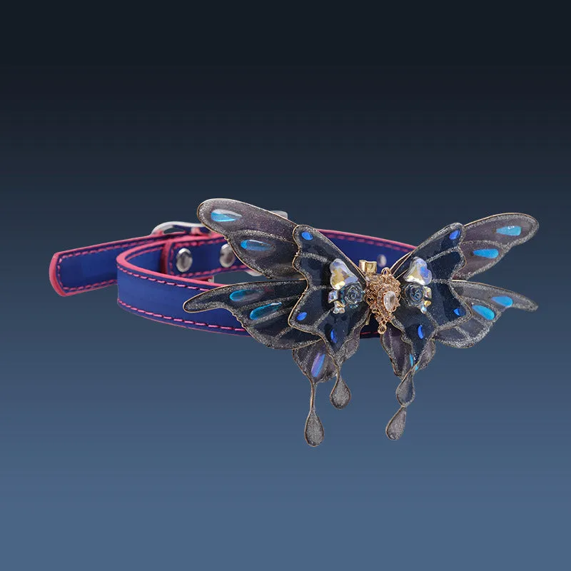 Purple temperature change butterfly rhinestone collar necklace with alloy pendant and regular chain