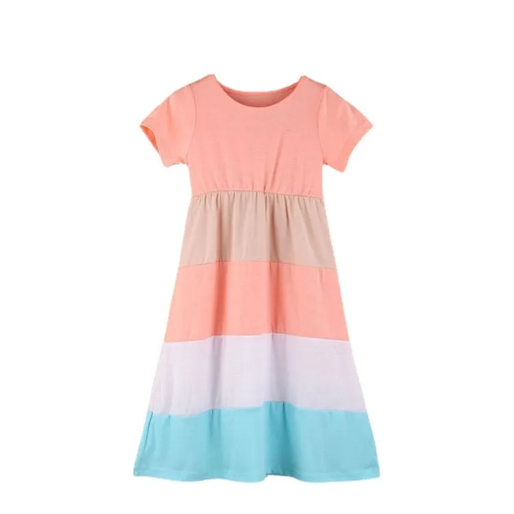 Short-sleeved pink parent-child dress with large swing skirt and round neck on a woman and child