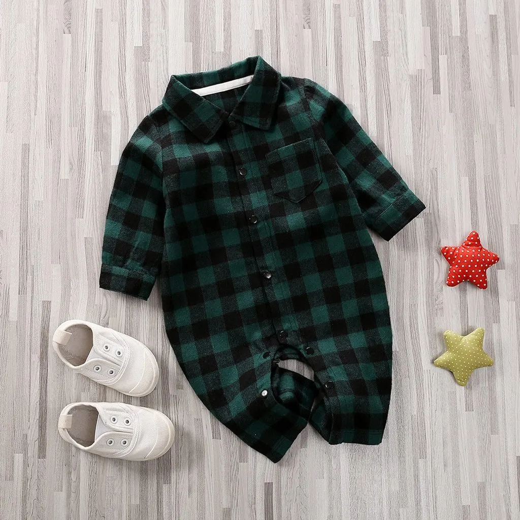 Baby striped plaid onesie jumpsuit for newborn in green colour with long sleeves