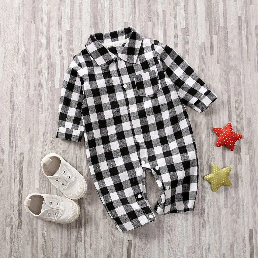 Baby striped plaid onesie jumpsuit for newborn in green colour with long sleeves