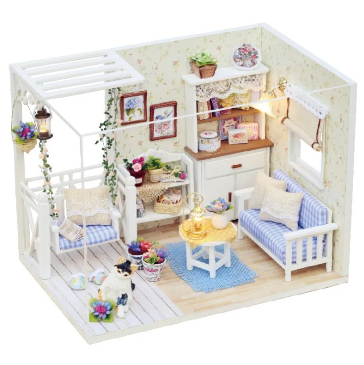 Miniature doll house DIY craft kit with style A on display showing assembled wooden and fabric details