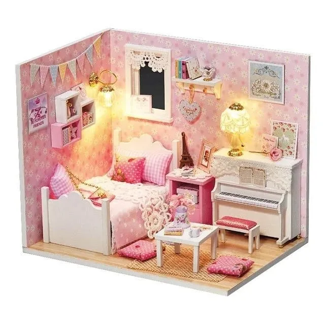 Miniature doll house DIY craft kit with style A on display showing assembled wooden and fabric details
