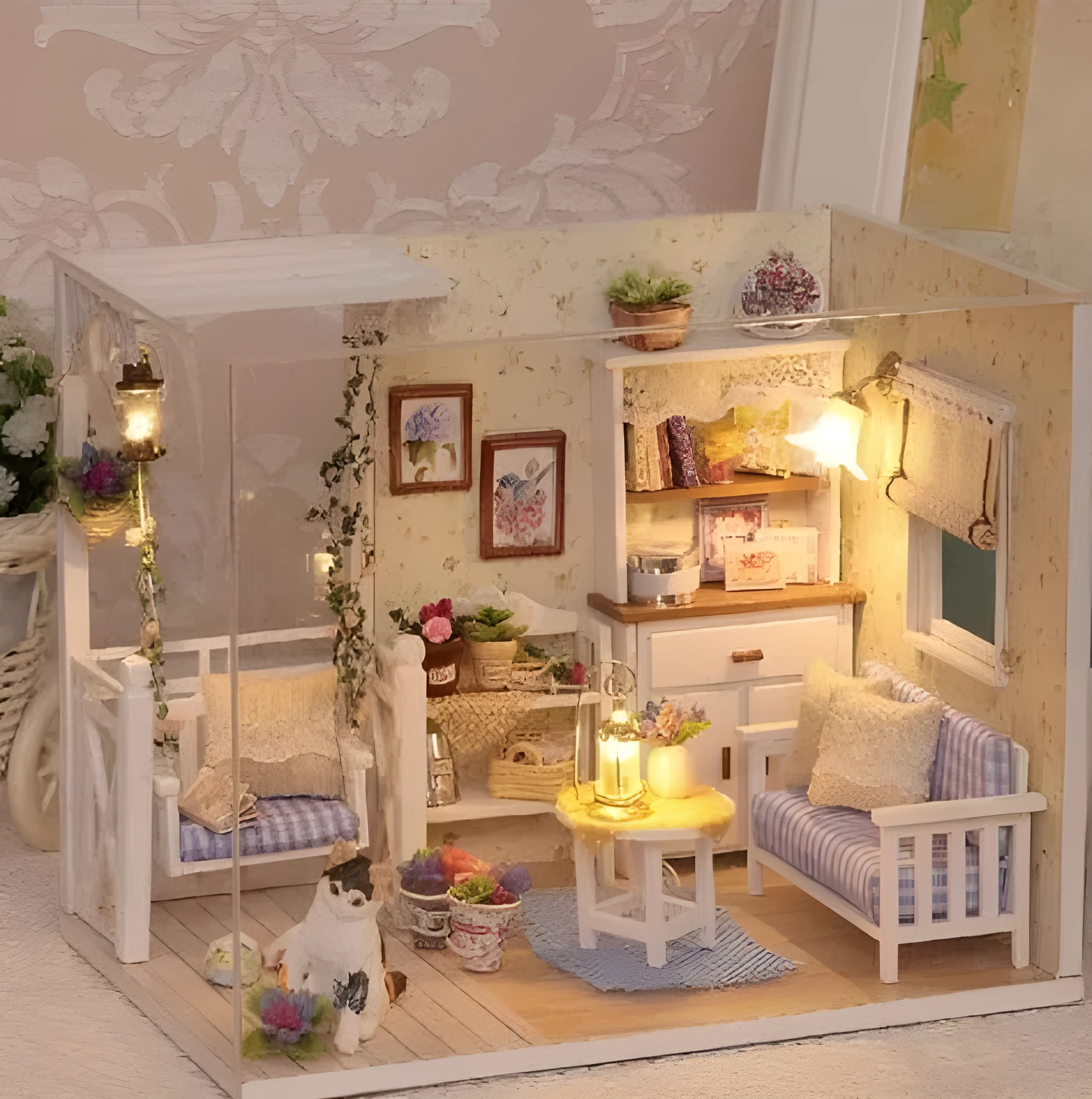 Miniature doll house DIY craft kit with style A on display showing assembled wooden and fabric details