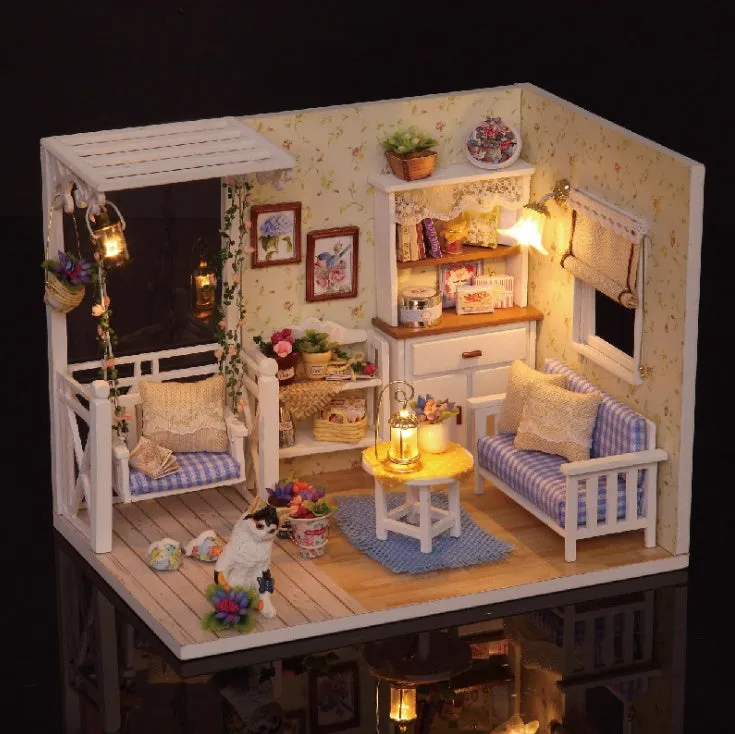 Miniature doll house DIY craft kit with style A on display showing assembled wooden and fabric details