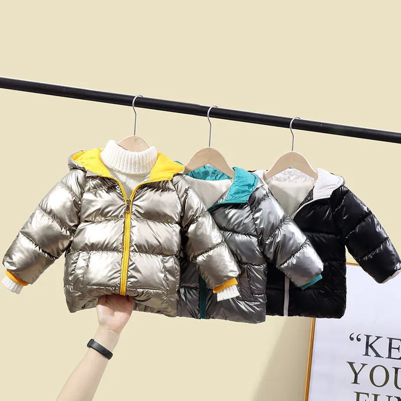 Thickened boys winter cotton coat with round neck, plain pattern, in black, for children over 8 years old