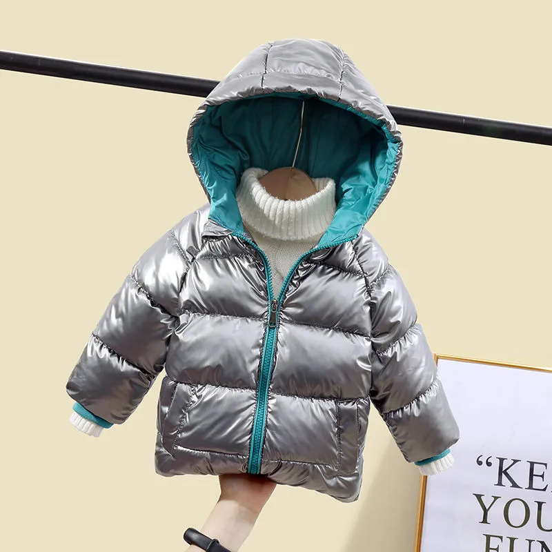Thickened boys winter cotton coat with round neck, plain pattern, in black, for children over 8 years old
