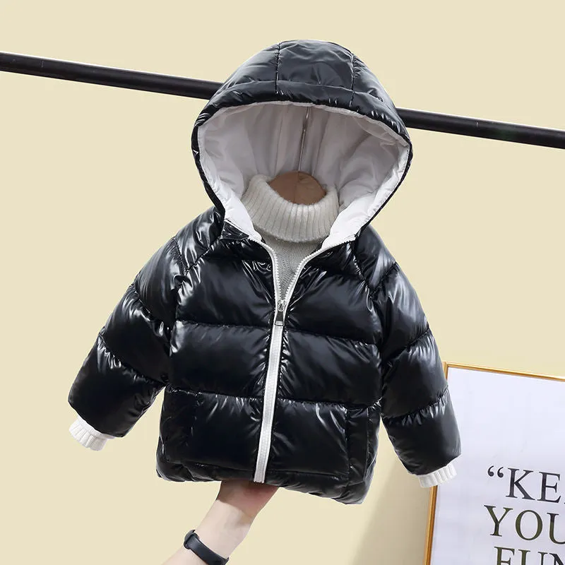 Thickened boys winter cotton coat with round neck, plain pattern, in black, for children over 8 years old