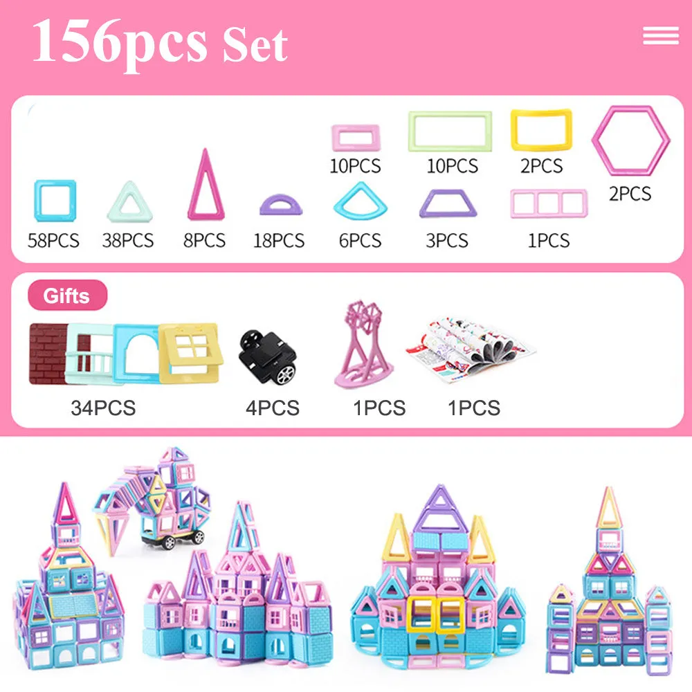 Magnetic building block toys for children aged 2-7 years in storage bucket with 156 pieces